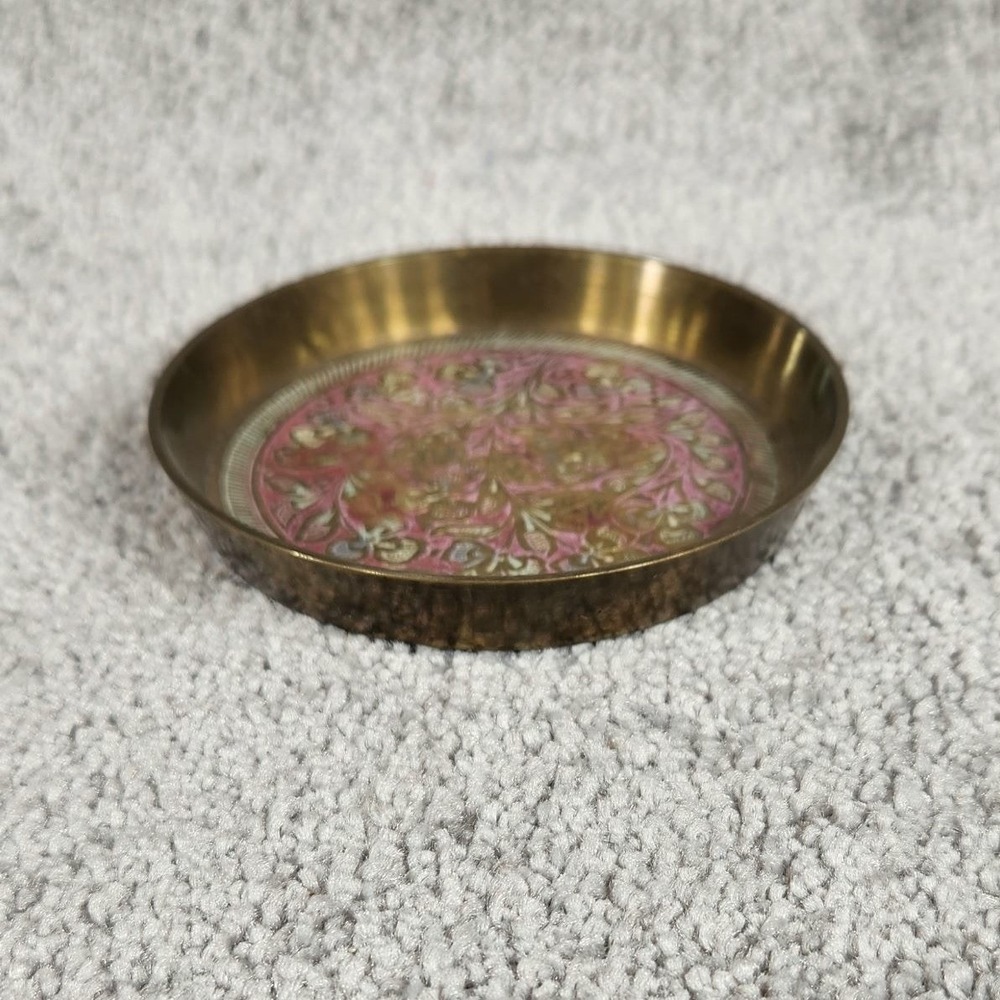 Etched Floralβ Brass Made in India Trinket Dish Gold Pink